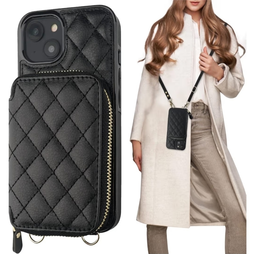 Chic Black Quilted Phone Case with Strap